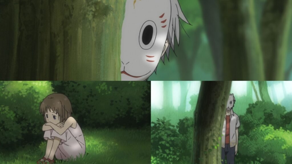 Young Hotaru meeting Gin in the spirit forest for the first time, surrounded by trees and mystery.