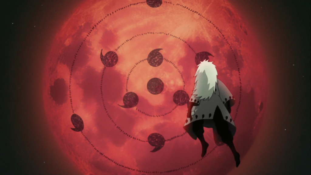 Madara Uchiha activating Infinite Tsukuyomi with Rinnegan power in Naruto anime