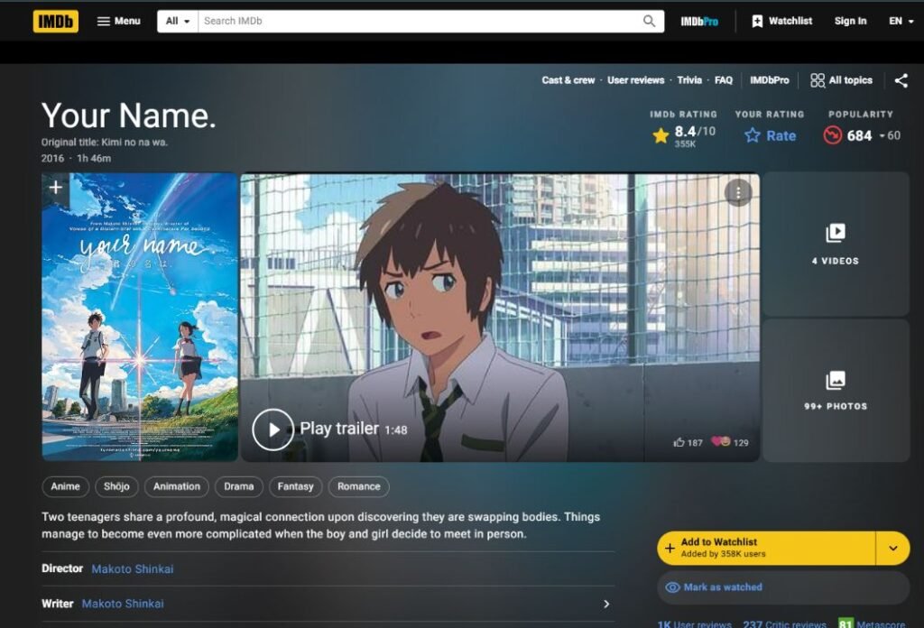 Your Name movie Rating