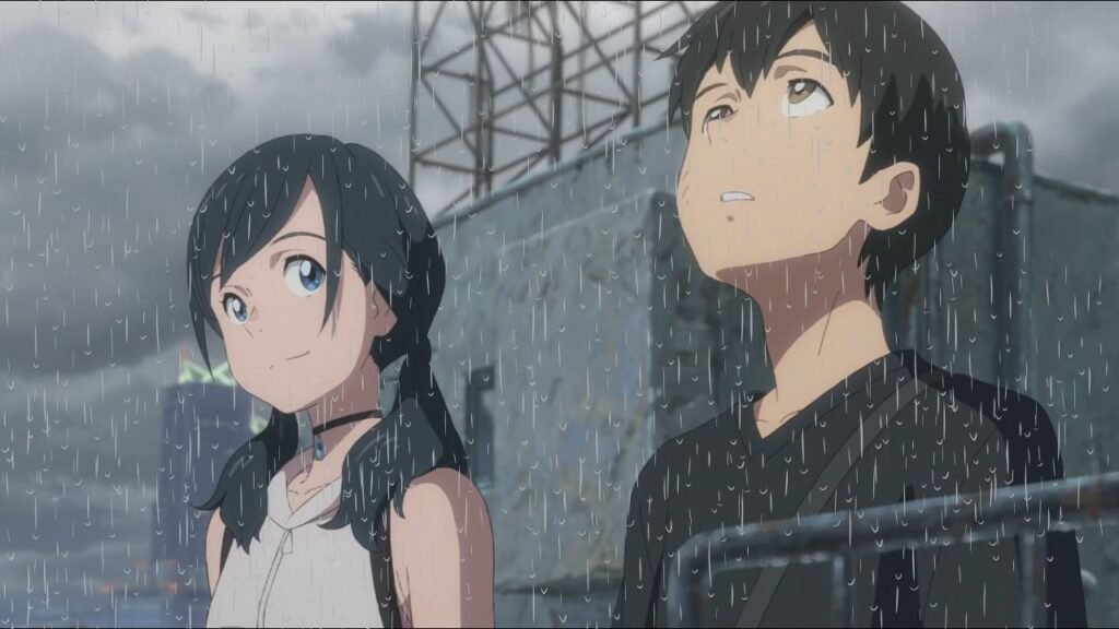 Hodaka and Hina standing close together under the rain, sharing a quiet moment