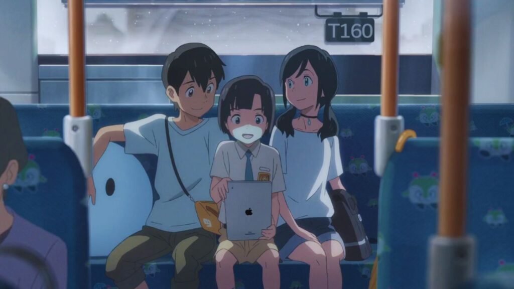 Main characters from Weathering With You smiling and standing together