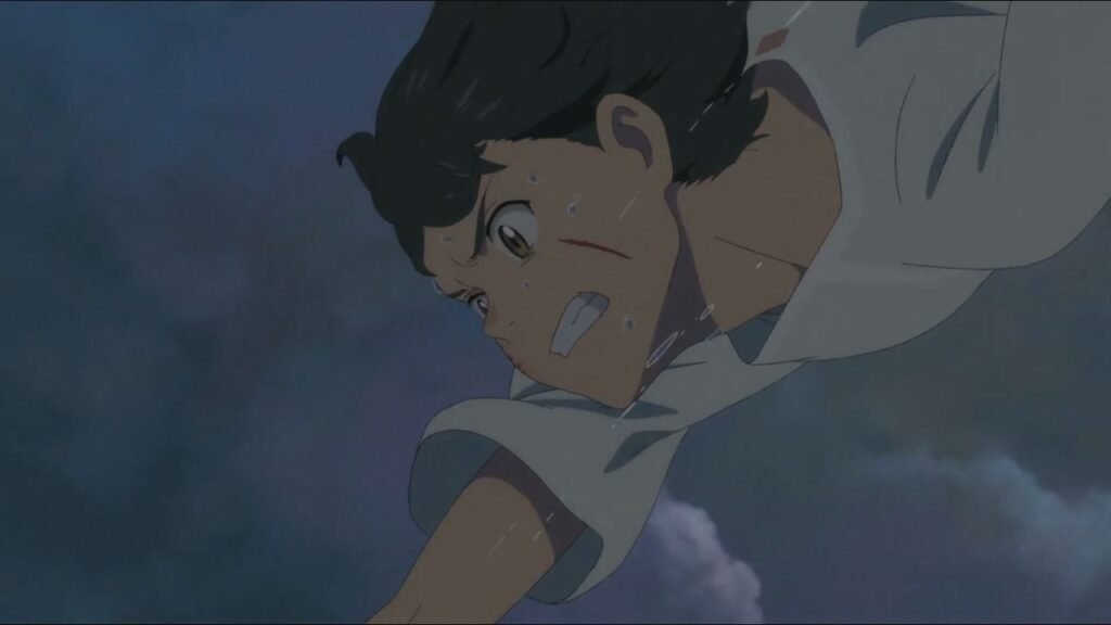 Hodaka floating mid-air, reaching out toward the sky, chasing Hina