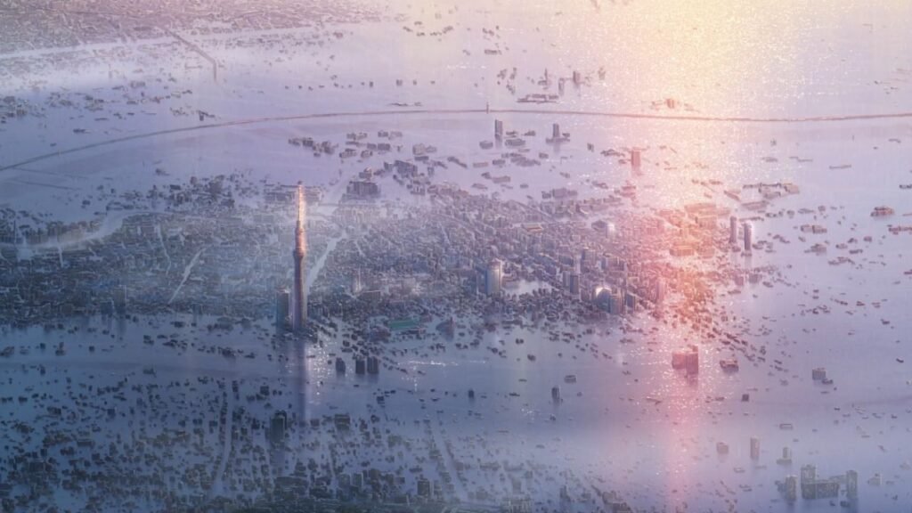 A flooded Tokyo city, symbolizing chaos and beauty together.