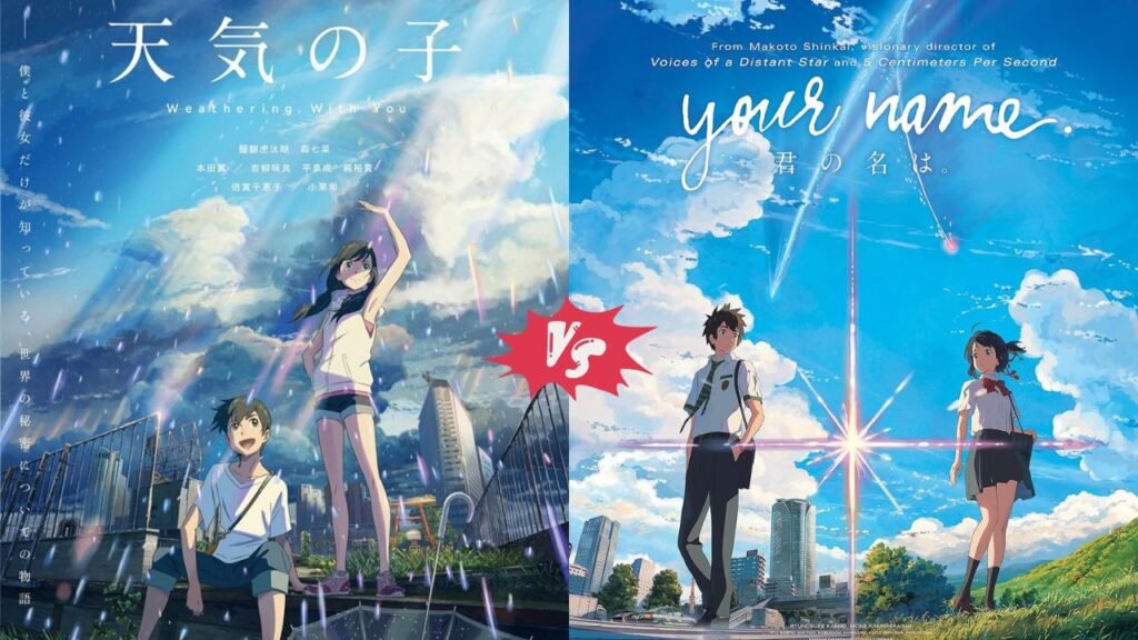 Side-by-side movie posters of Your Name and Weathering With You