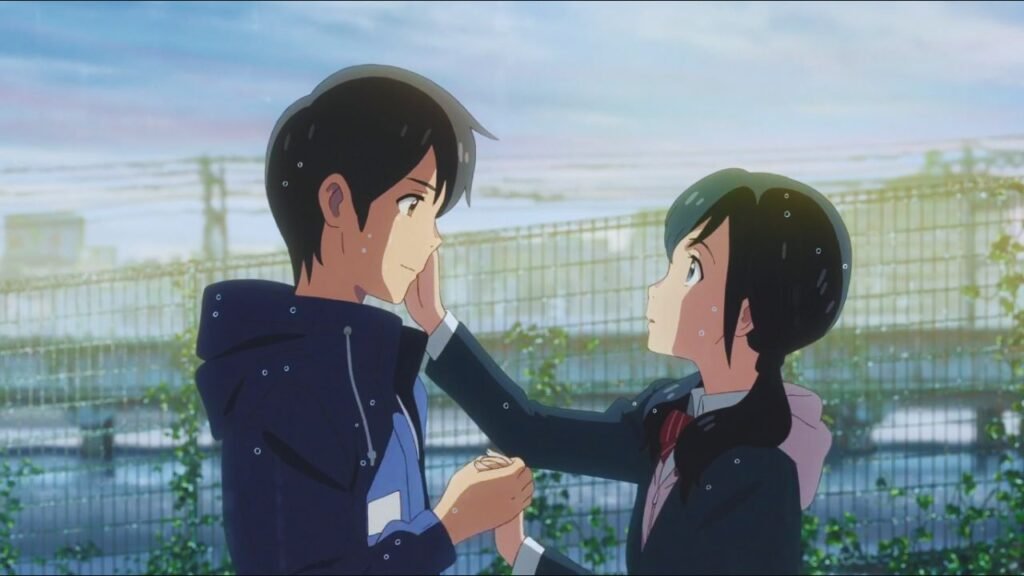 Beautiful fan art of Hodaka and Hina hugging in the rain