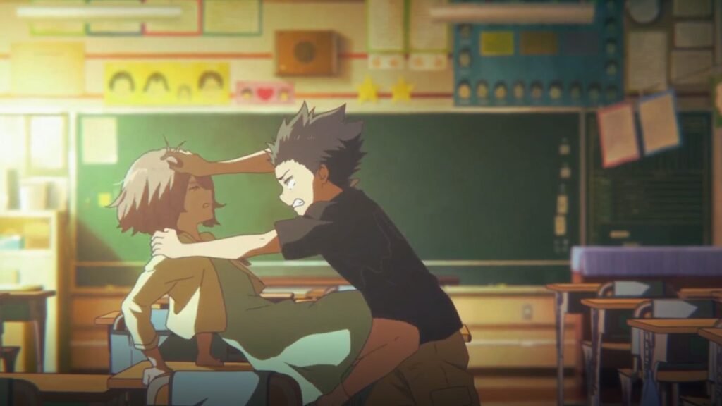 Young Shoya Ishida bullying Shoko Nishimiya in A Silent Voice classroom scene